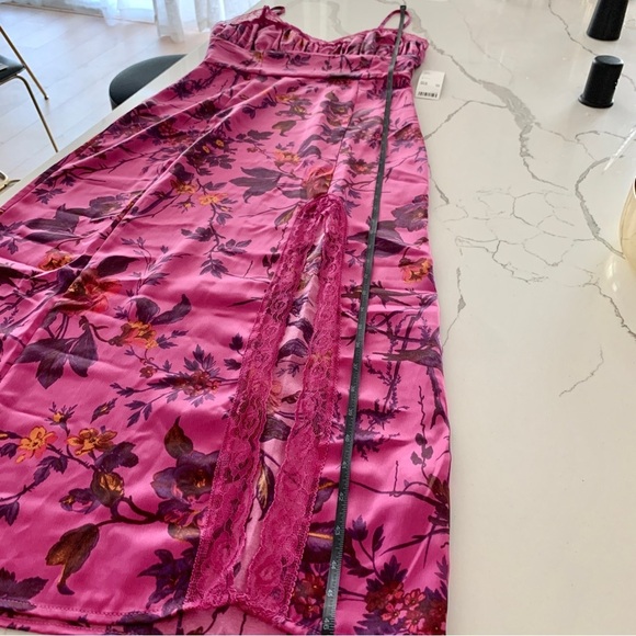 UO Purple Magenta Floral Tropical Print Satin Midi Side Slit Slip Dress - Picture 14 of 16